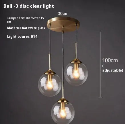 Modern round chandelier with glass balls in a Nordic style, mounted on a ceiling.