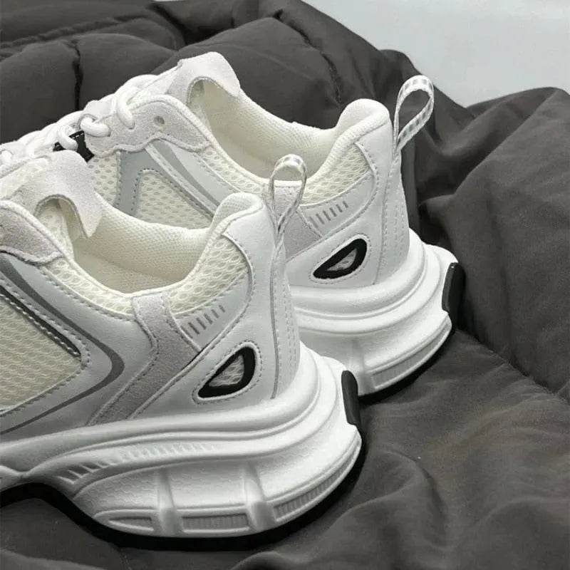 Beige Polar Wave women's mesh platform sports shoes with a wedge heel and lace-up front.