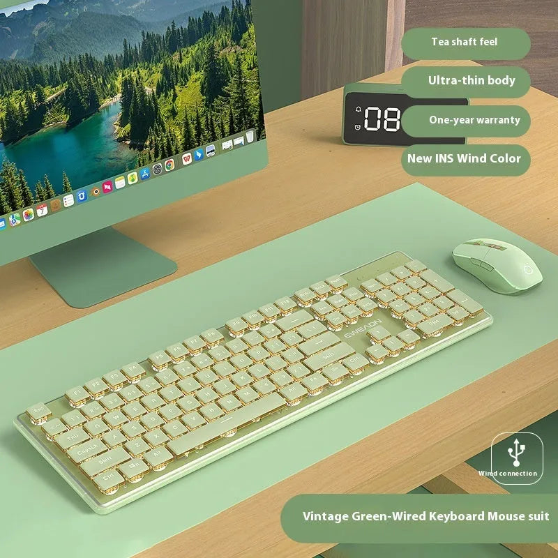 Prewalker V3 silent keyboard and mouse set in retro green colour on a desk.