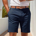 Men's light grey straight-leg polyester casual shorts on a hanger.