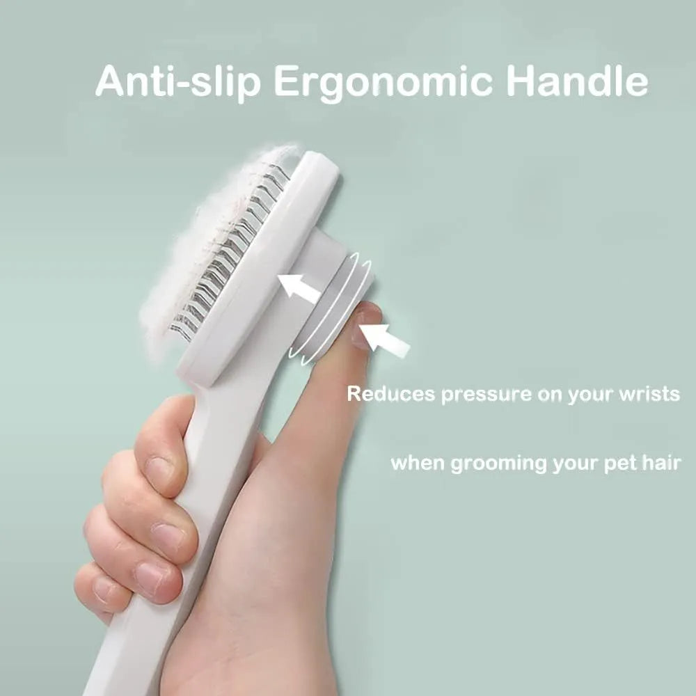 Blue self-cleaning pet grooming brush with rubber handle and metal pins with rubber tips.