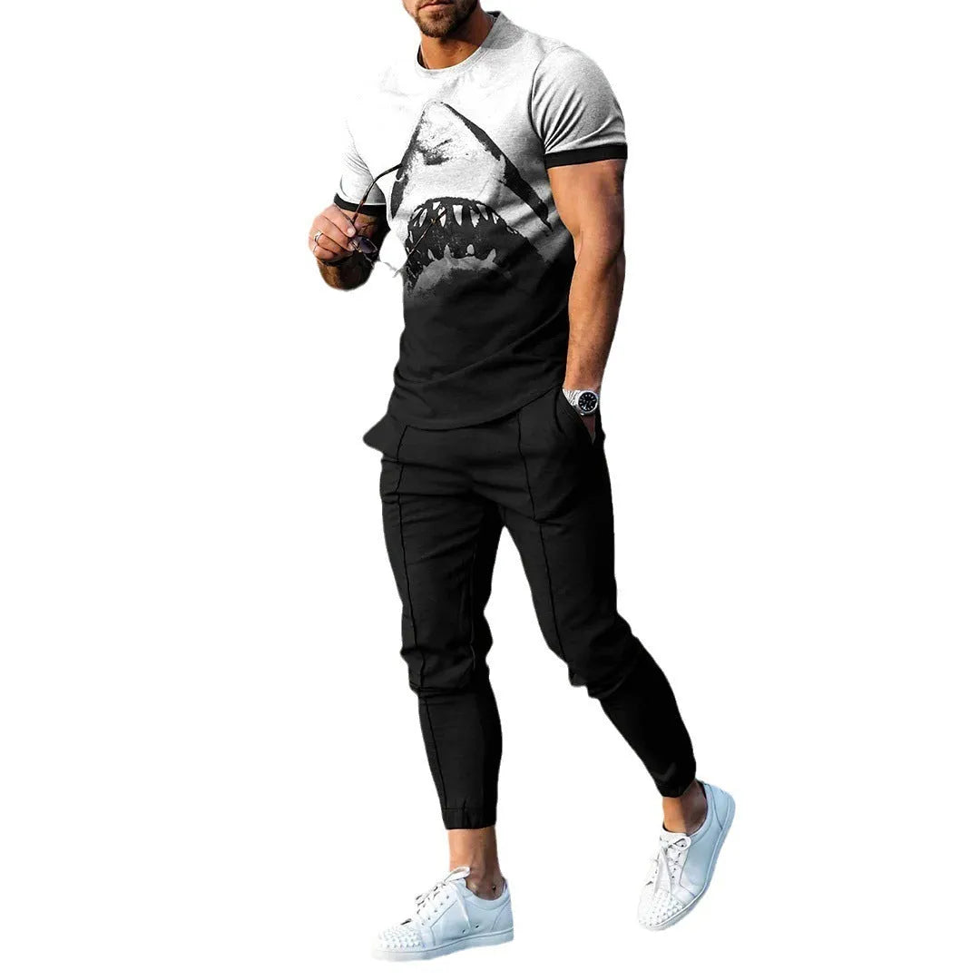 Man wearing a printed short-sleeve pullover and matching trousers from a thin polyester sports suit set.