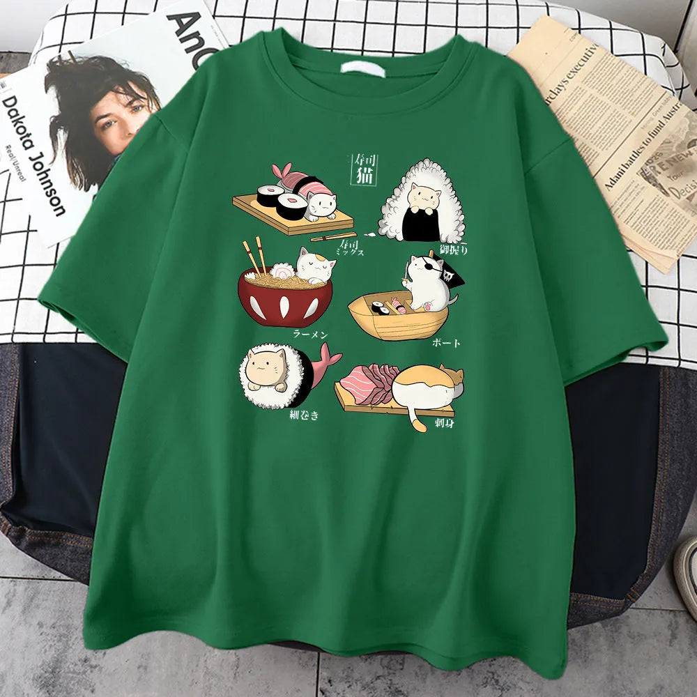 Men's black cotton t-shirt with cute cat sushi cartoon print, loose fit short sleeve design