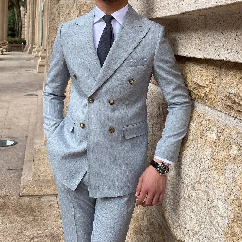 Mr. Lu San grey striped notch lapel two-piece suit jacket and trousers on hanger