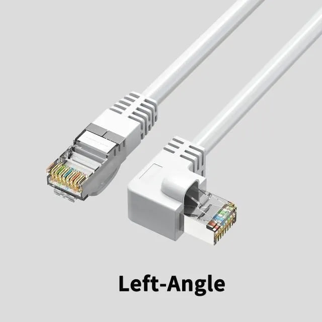 Cat6 Ethernet cable with right-angle RJ45 connector in various colours and lengths