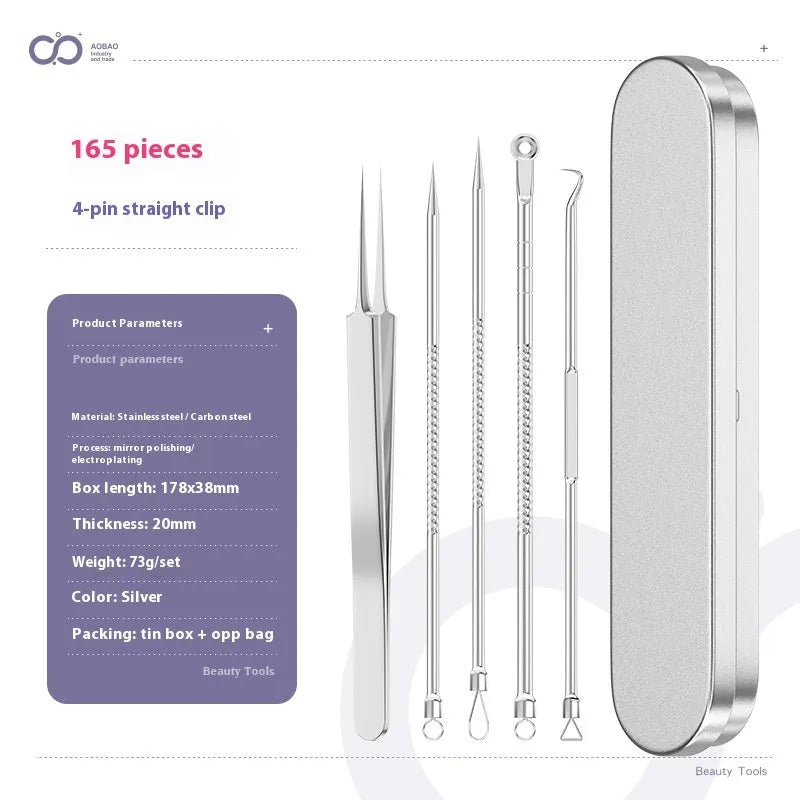 Four silver metal acne needles with ultra-fine pointed tips for skin treatment.