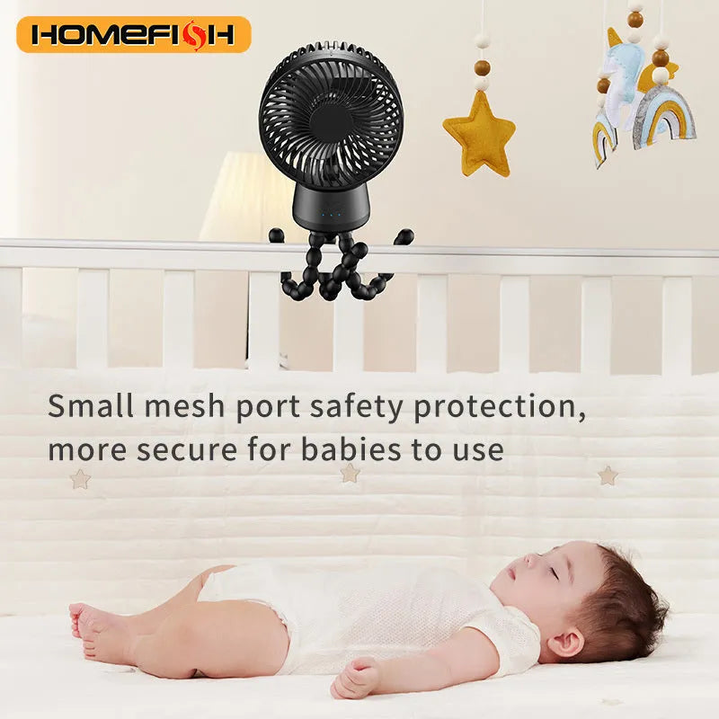 HOMEFISH F2 automatic oscillating stroller fan with LED light and removable mount on a pram.
