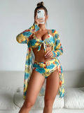 Women's multi-color printed three-piece bikini swimsuit in polyester high-elasticity fabric for swimming and wading