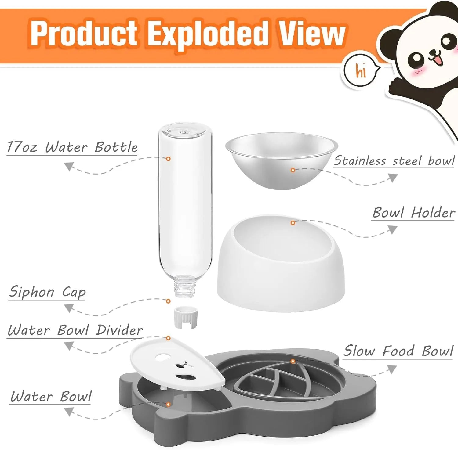 Grey and green tilted elevated pet bowl set with automatic water dispenser bottle for cats and small dogs.