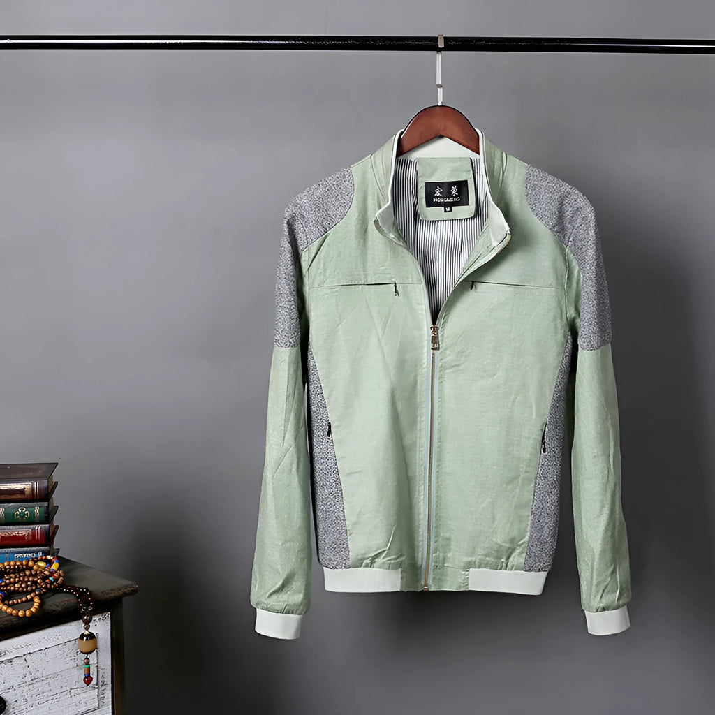 Men's lightweight cotton linen jacket in regular fit shown in blue, grass green, or heather grey colour options.