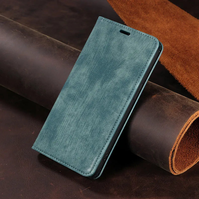 Magnetic flip leather phone case for iPhone in grey, showing front cover closed.