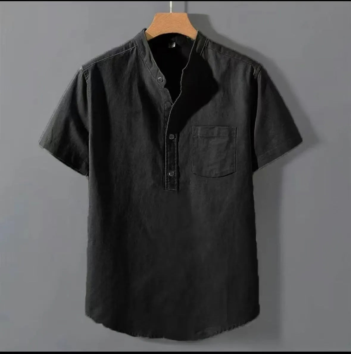 Men's beige linen casual shirt with stand collar and short sleeves in loose fit