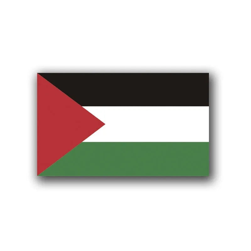 Pack of six Palestinian flag and text car decal stickers on adhesive backing paper.