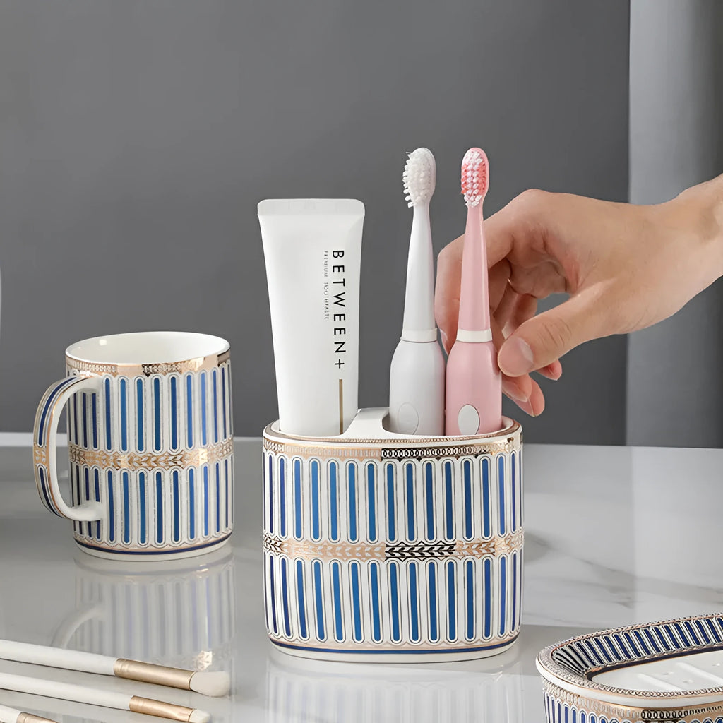 Ceramic toothbrush rack in household light luxury style with three colour options on a bathroom counter