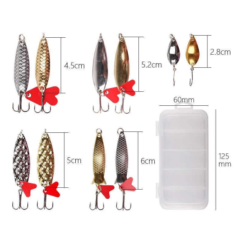 Fishing lure box with pineapple-shaped iron false baits and metal sequins in gold and silver colours