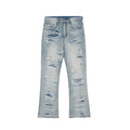 Men's light blue flared washed denim jeans with zipper fly on a model
