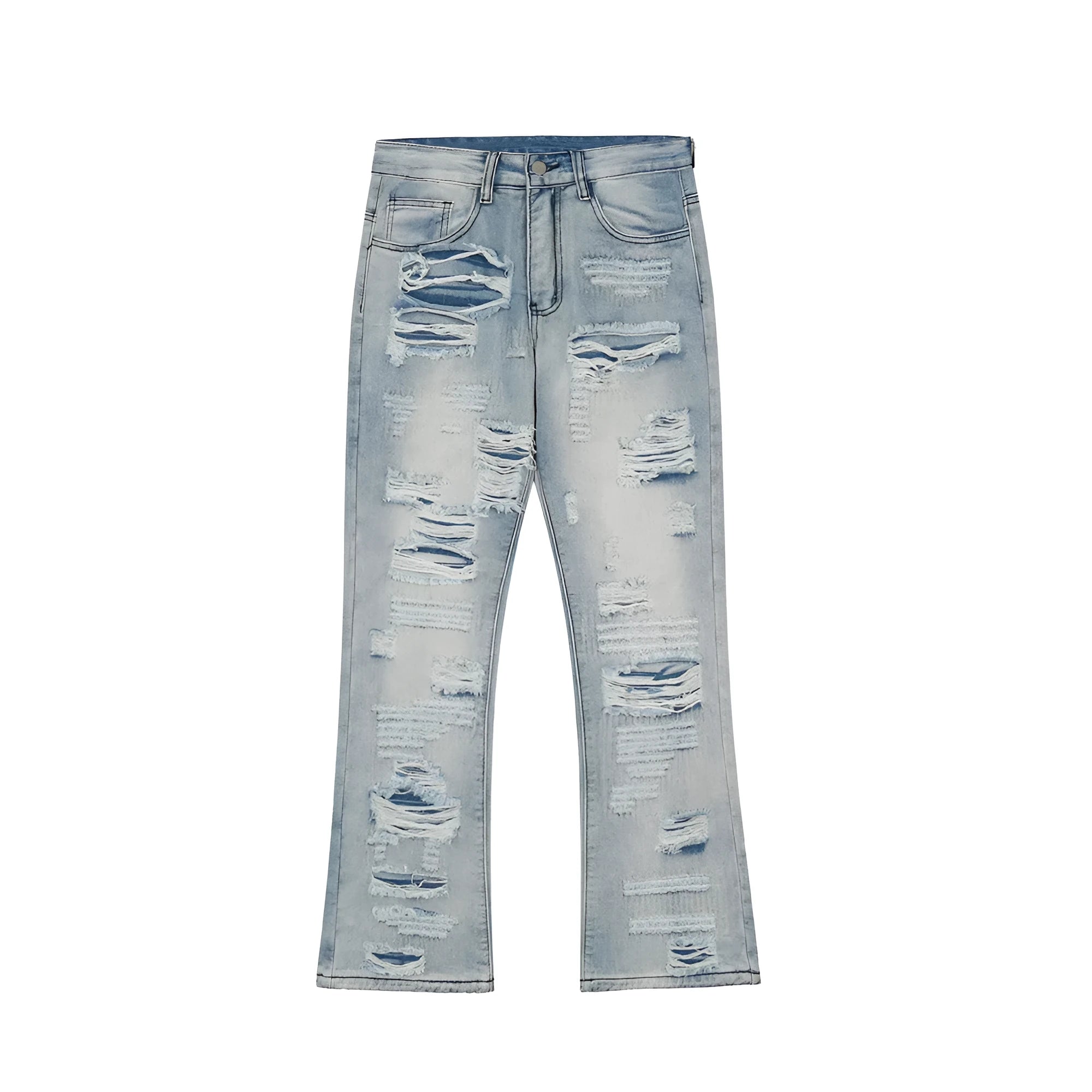 Men's light blue flared washed denim jeans with zipper fly on a model
