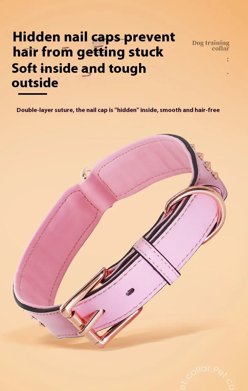 Leather dog collar with metal rivets in black, chocolate, or pink for large breed training