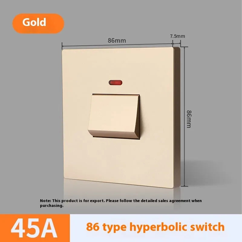 Plastic electrical switch with light panel for curved rack mounting in gold, grey or white