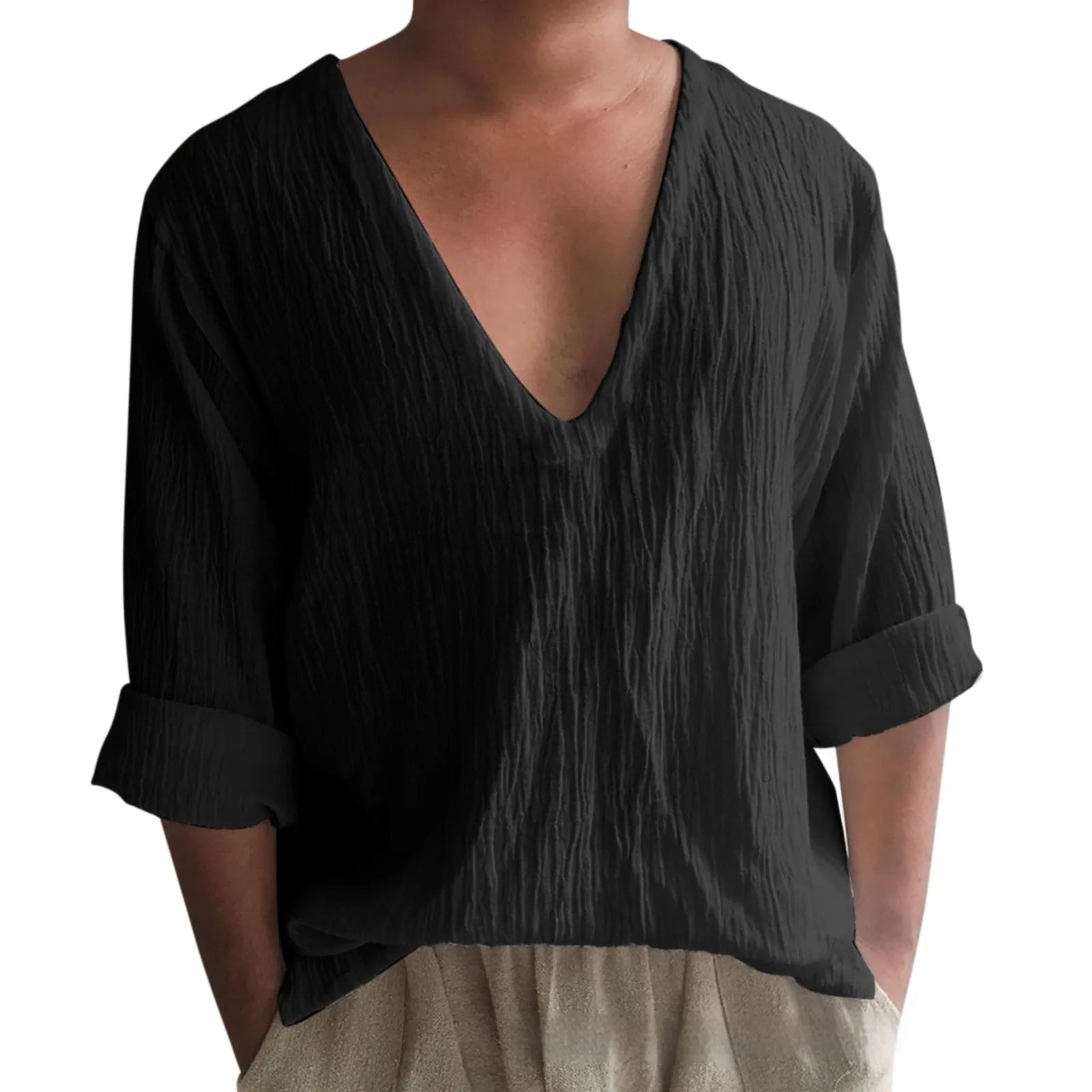 Men's solid colour long sleeve V-neck T-shirt in washed cotton fabric.