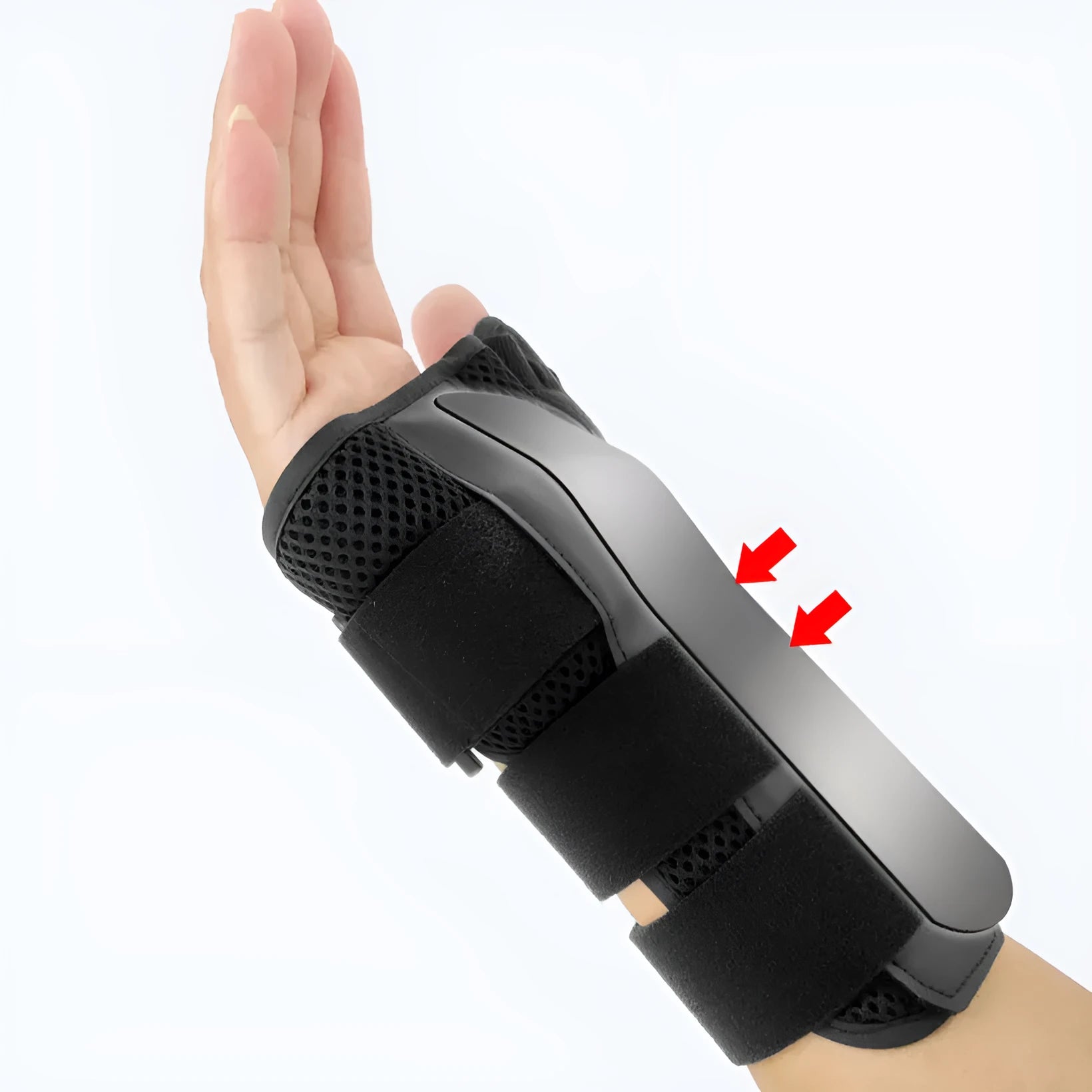 Carbon fibre reinforced sports wrist guard with thumb strap shown in black with grey edging