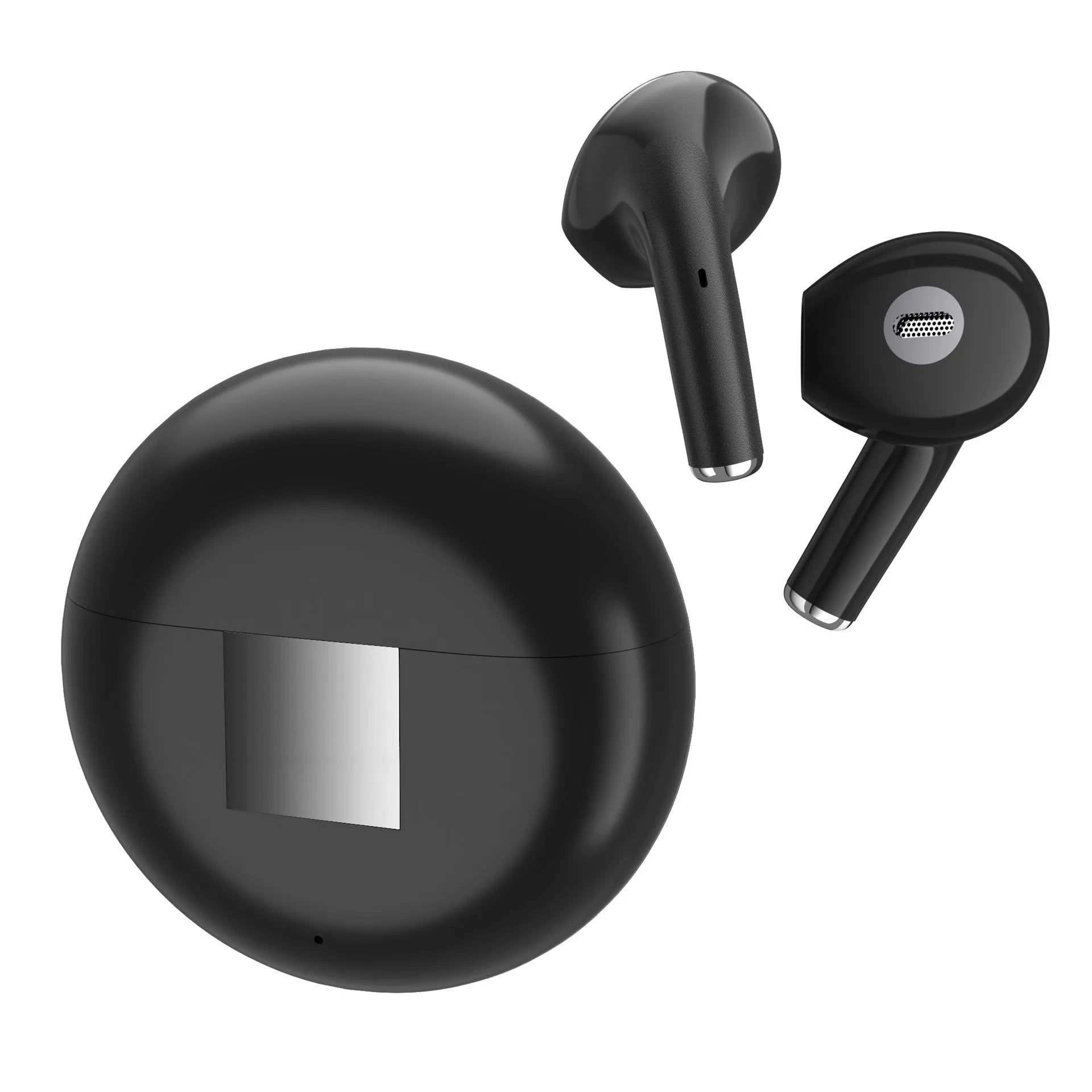 White Wireless Budz5 Bluetooth earbuds with semi-in-ear design and charging case on a grey background.