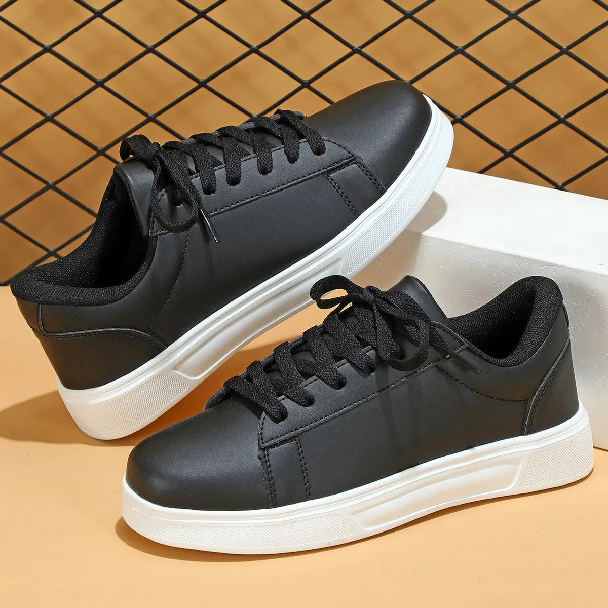Platform skateboard sneakers in beige brown with round toe and shallow mouth design