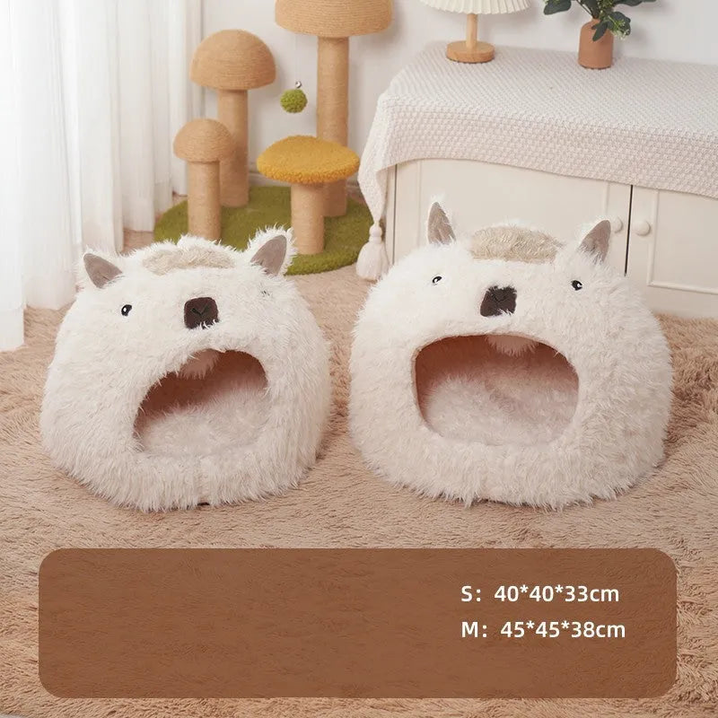 White lion velvet yurt-style pet cushion bed for cats and small dogs, winter warm bedding