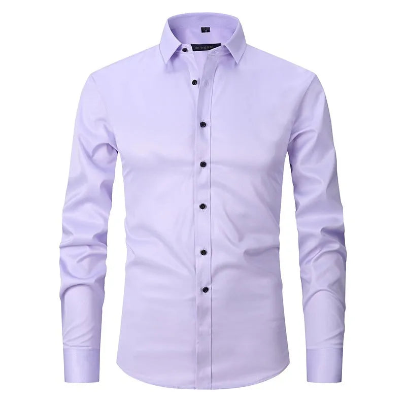 Men's stretch long sleeve polyester work shirt on a hanger, showing button front and long sleeves.