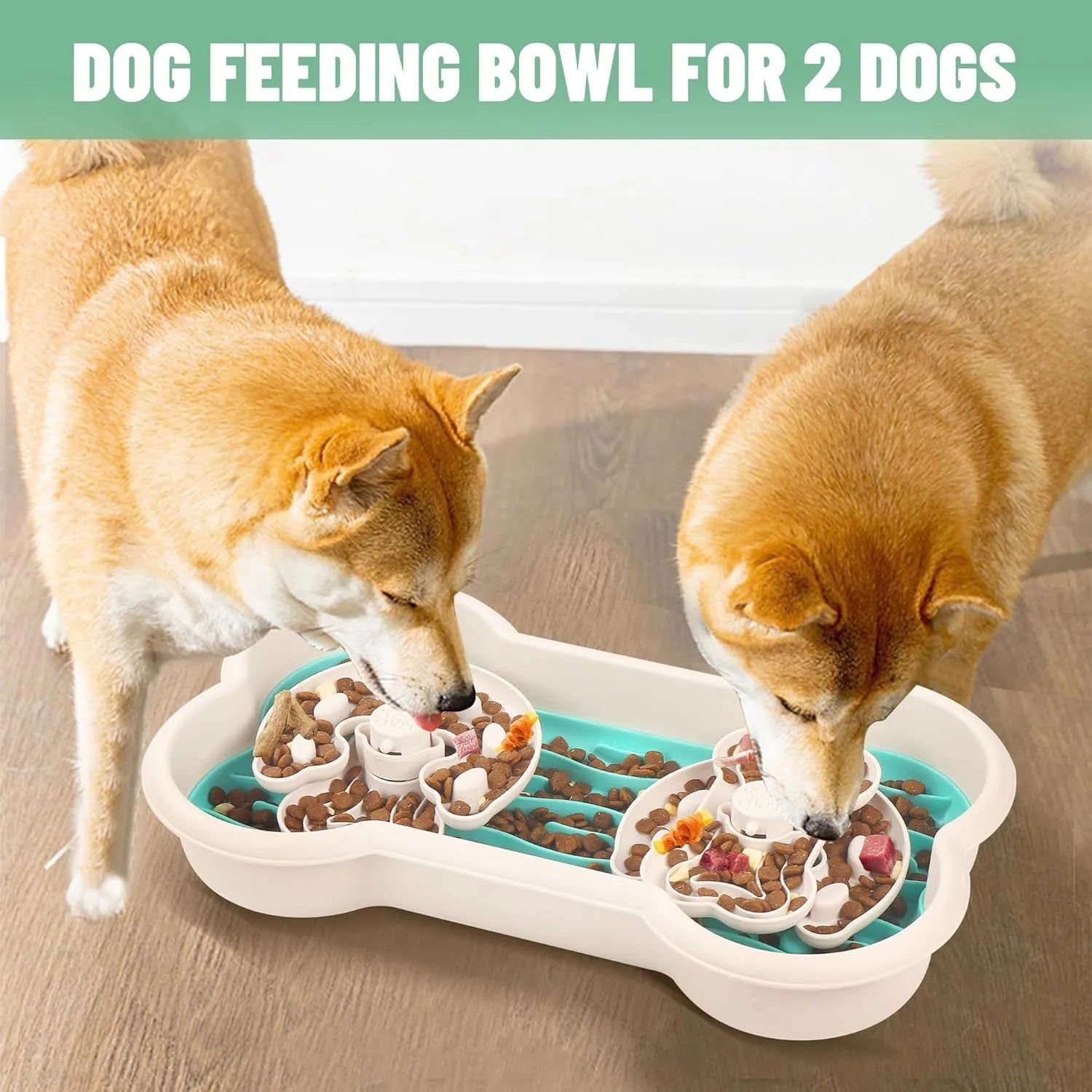 Large green slow feeder dog bowl with three separable puzzle trays for extended feeding time