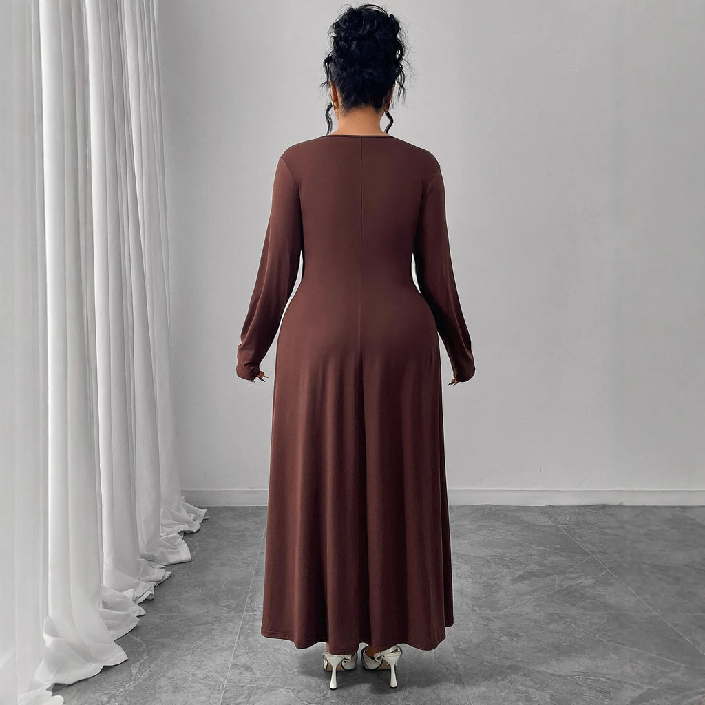 Printed high-waisted polyester dress for women in coffee colour, brown, black, wine red, sizes XL to 4XL