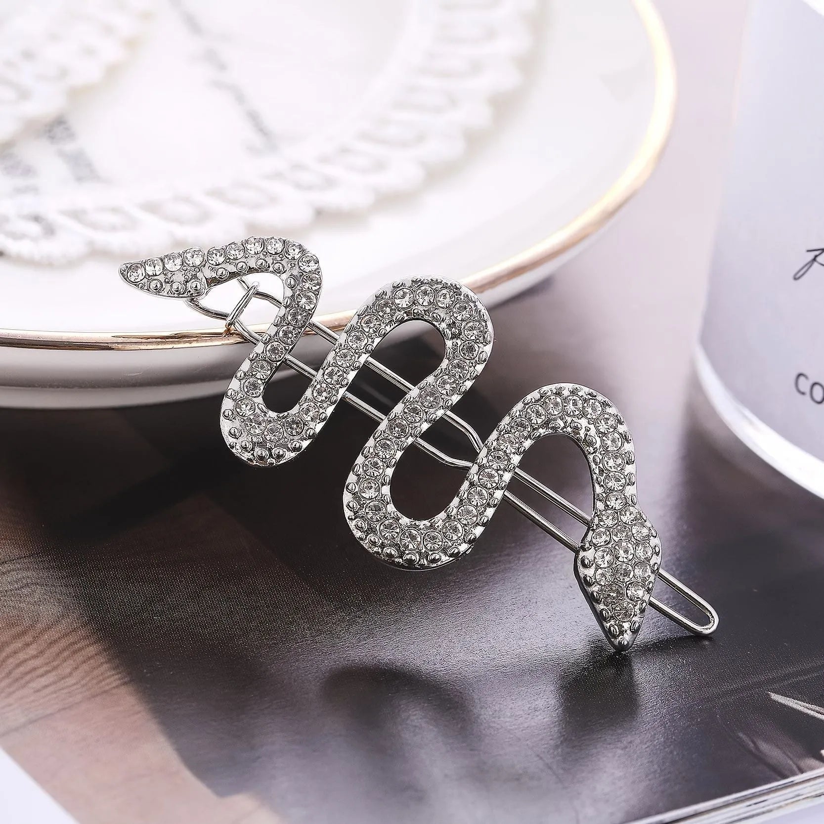 Vintage Korean-style snake design hair clip with rhinestones in gold or silver electroplated finish