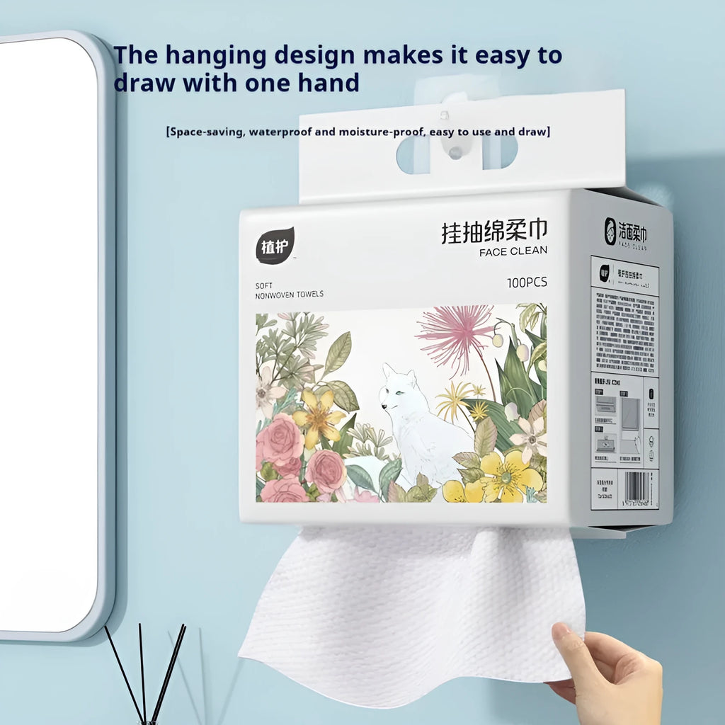 Disposable face cloth towel roll with hanging design showing removable sheets