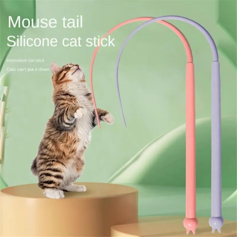Blue cat teasing stick with 80cm silicone tail and cat head design for interactive feline play