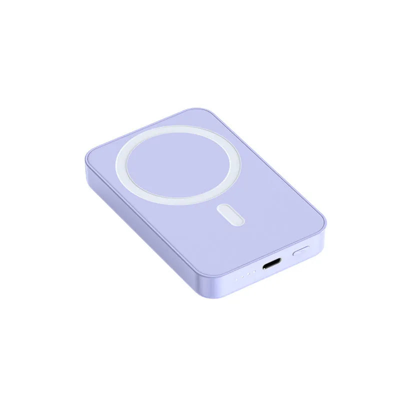 Magnetic wireless power bank in plastic case with 20000mAh capacity showing pink, purple, white colour options