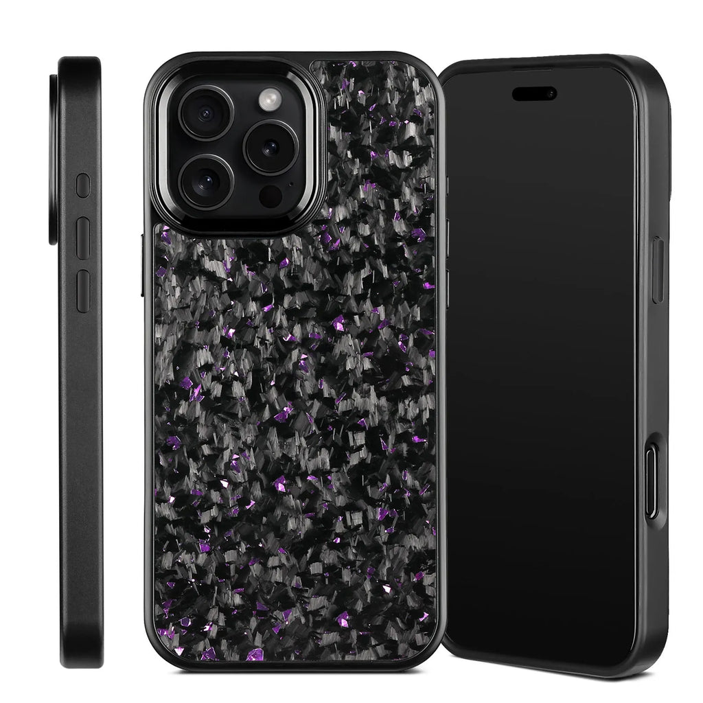 Carbon fibre phone case with black metal frame and magnetic backing for iPhone