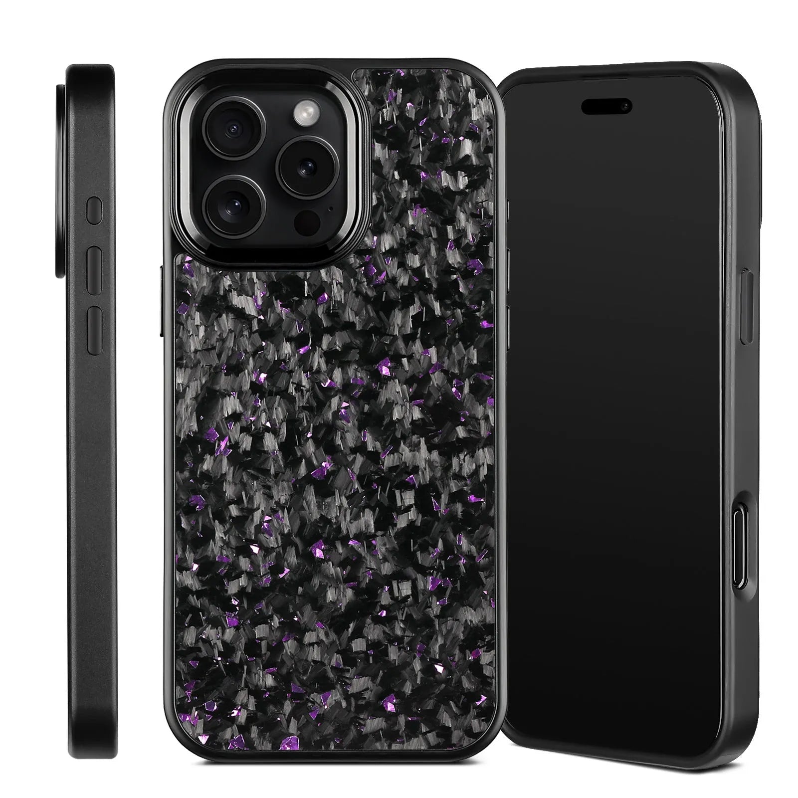 Carbon fibre phone case with black metal frame and magnetic backing for iPhone