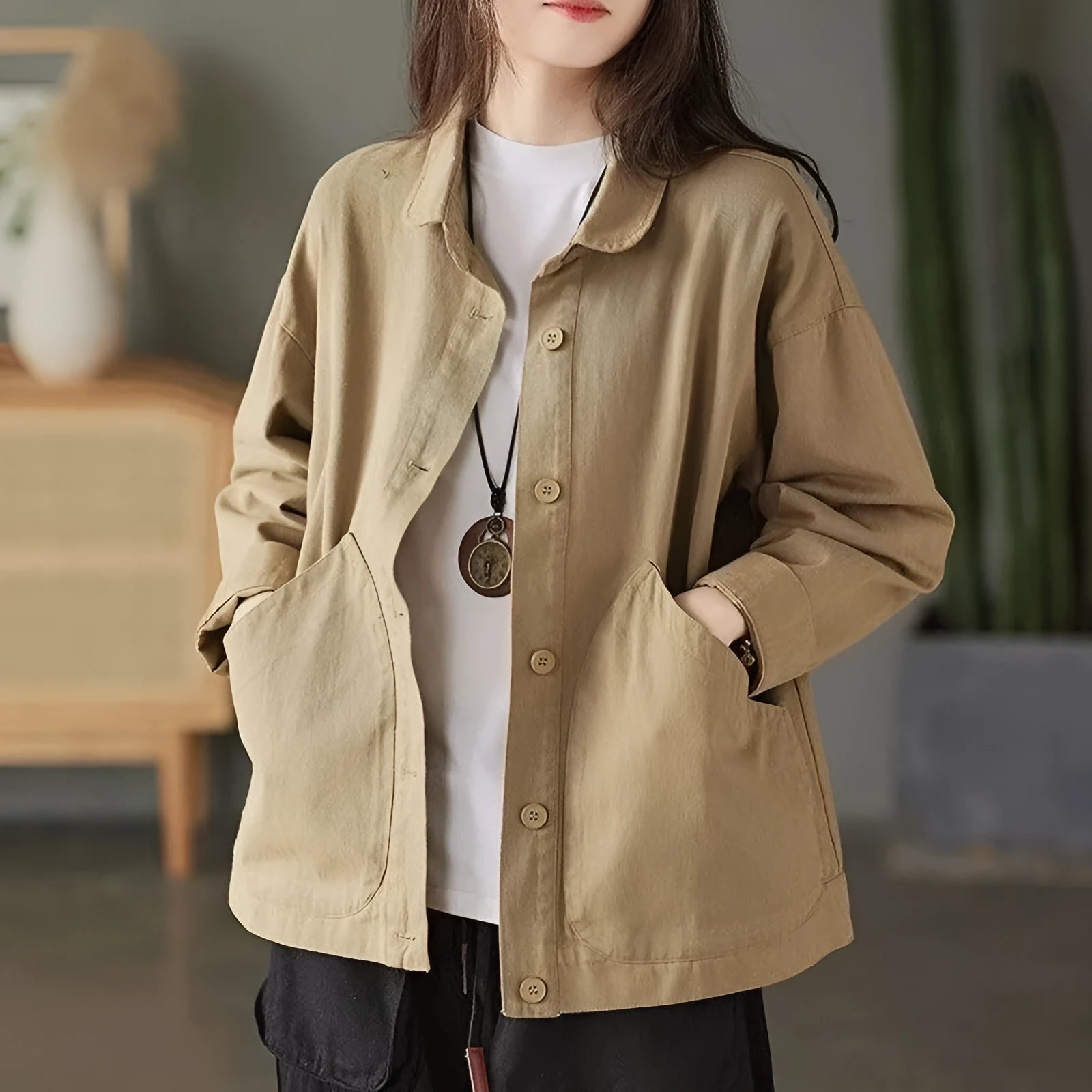 Retro cotton twill loose top with large pocket in khaki, women's casual commute style