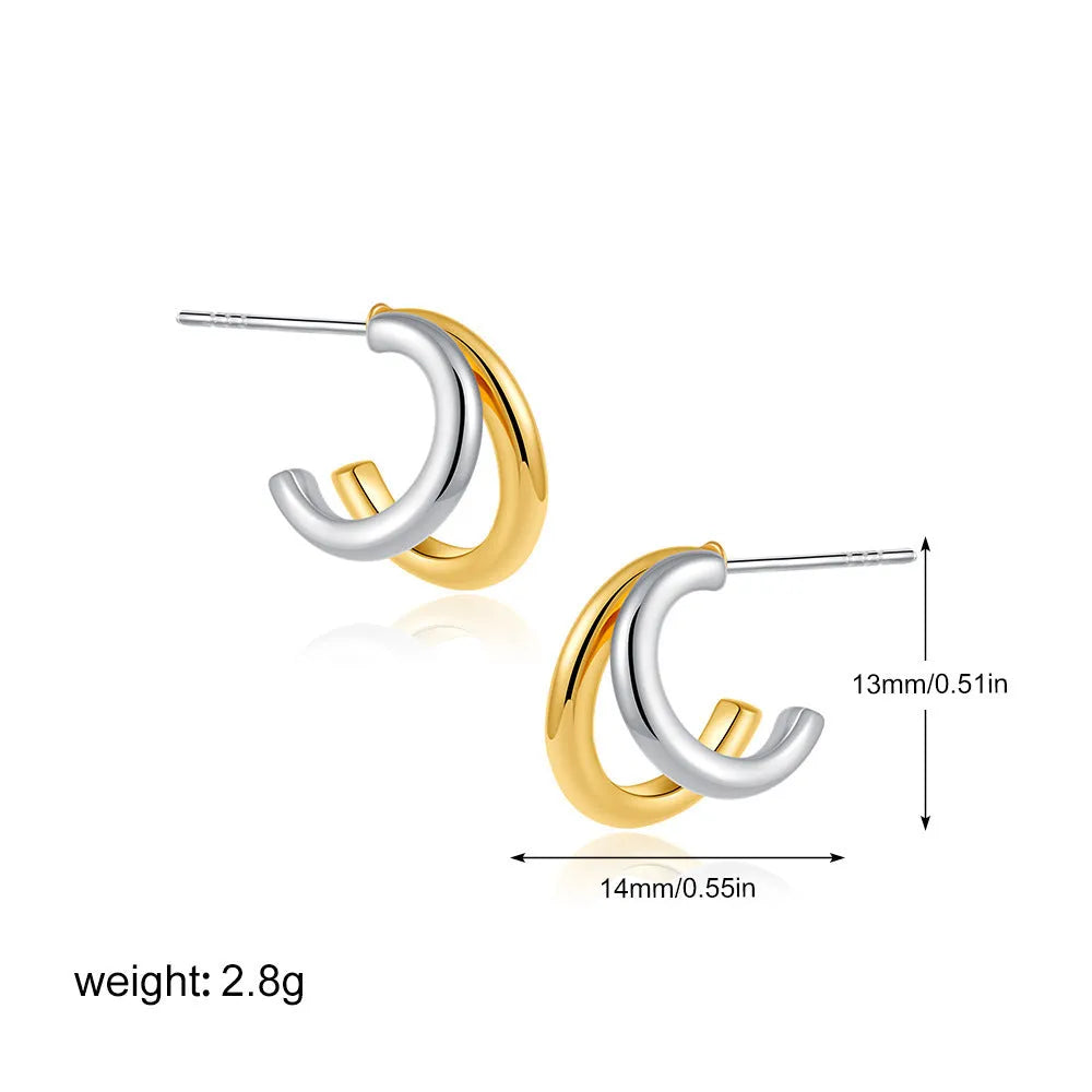 18K gold INS wind geometry three-piece ear buckle set for women copper earrings two-tone ear studs geometric shapes