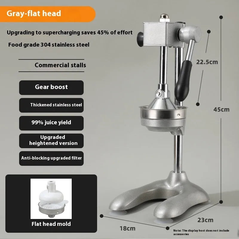 Vertical stainless steel manual juicer with zinc alloy frame in multiple colour options