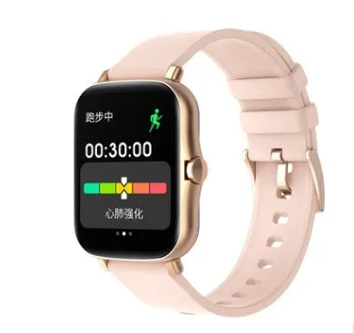 Blue smart sports watch with 1.7-inch colour touch screen on adjustable strap showing fitness data interface.