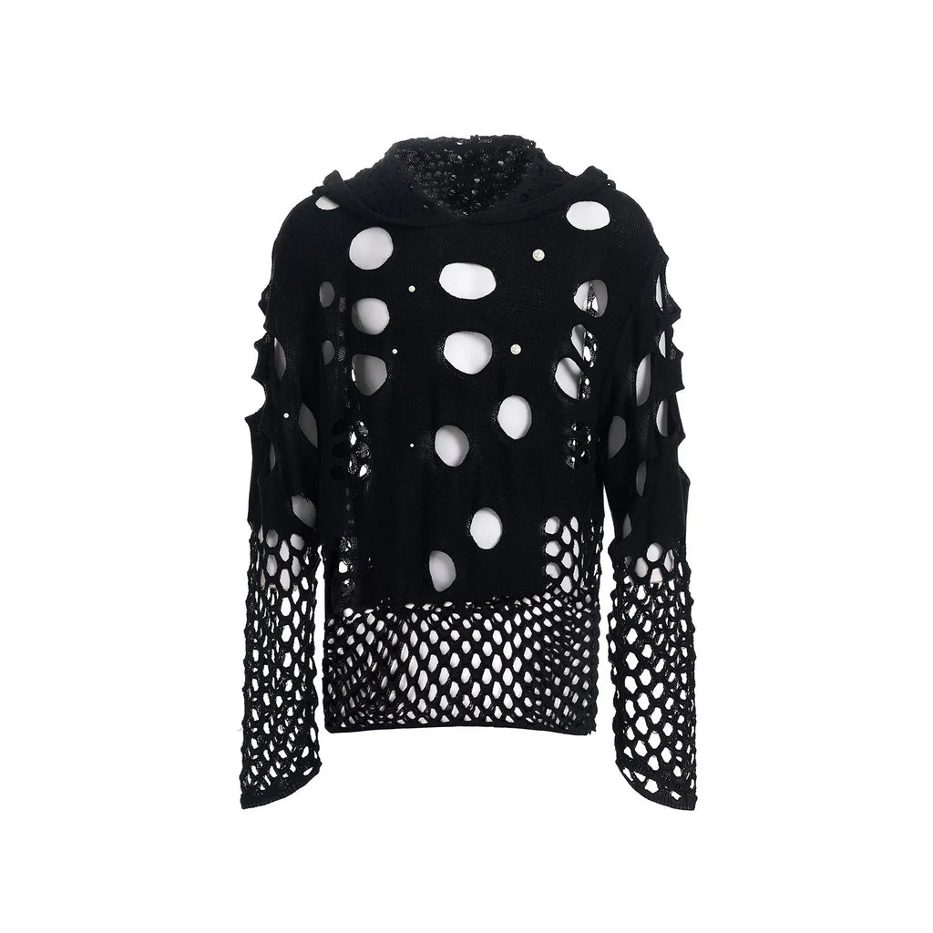 Men's black hooded sweater with pearl decorative detail on hood