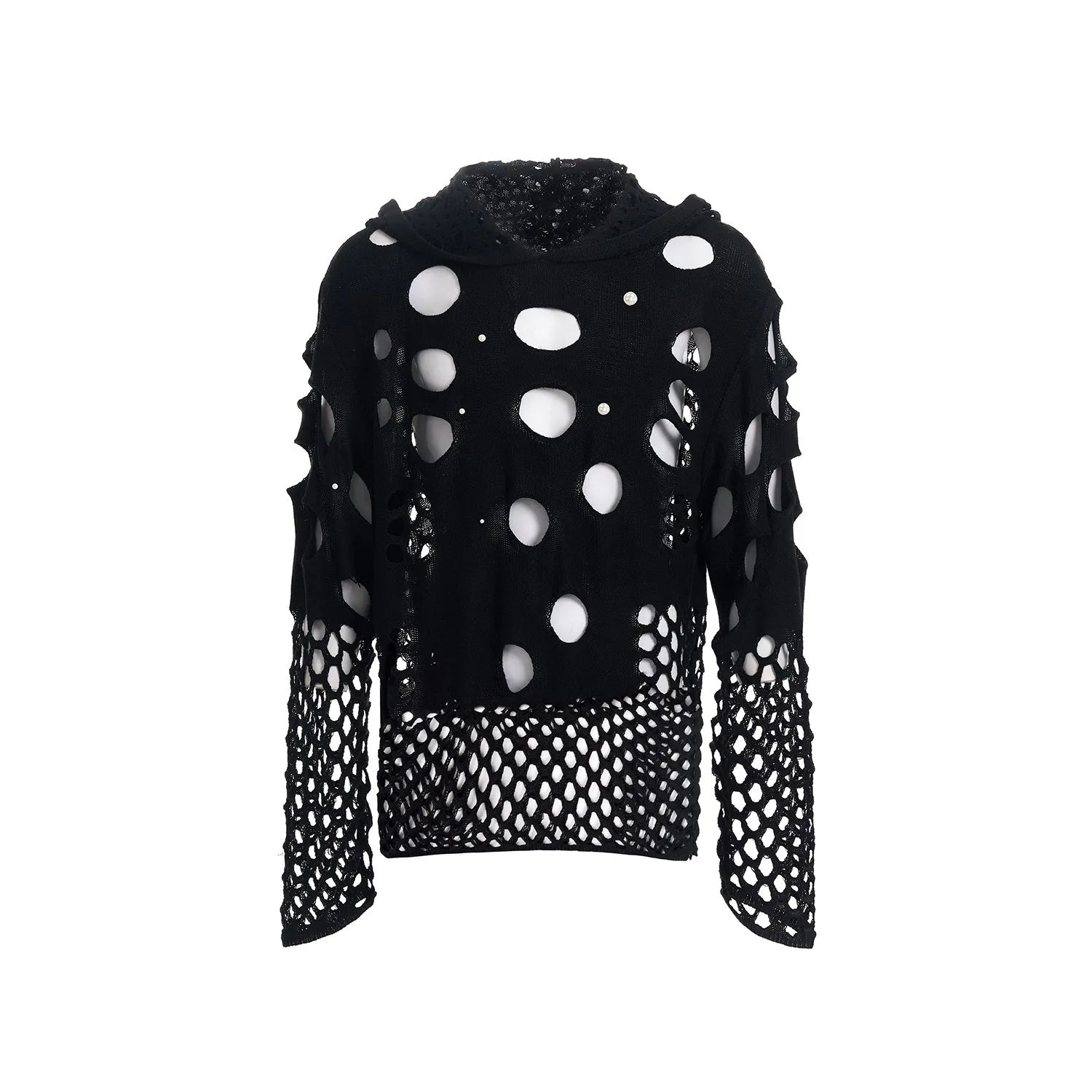 Men's black hooded sweater with pearl decorative detail on hood