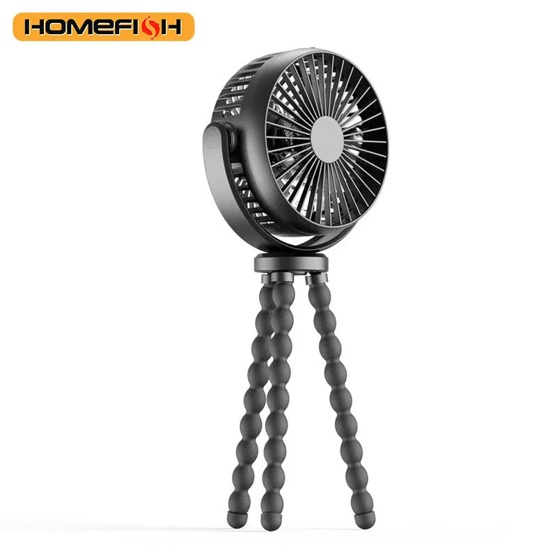 HOMEFISH F2 automatic oscillating stroller fan with LED light and removable mount on a pram.