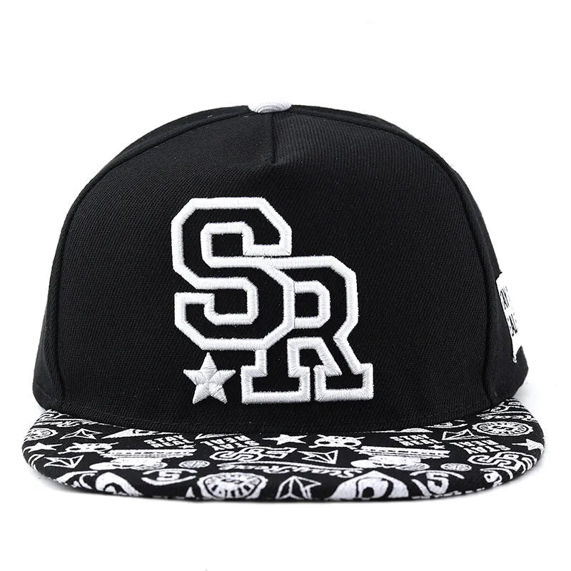Cotton baseball cap with embroidered letters showing dome crown and adjustable back strap