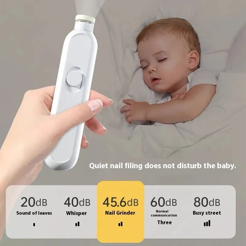 Lightweight maternal and child nail trimmer suit with orange plastic body, 6 grinding heads, and storage box on white background