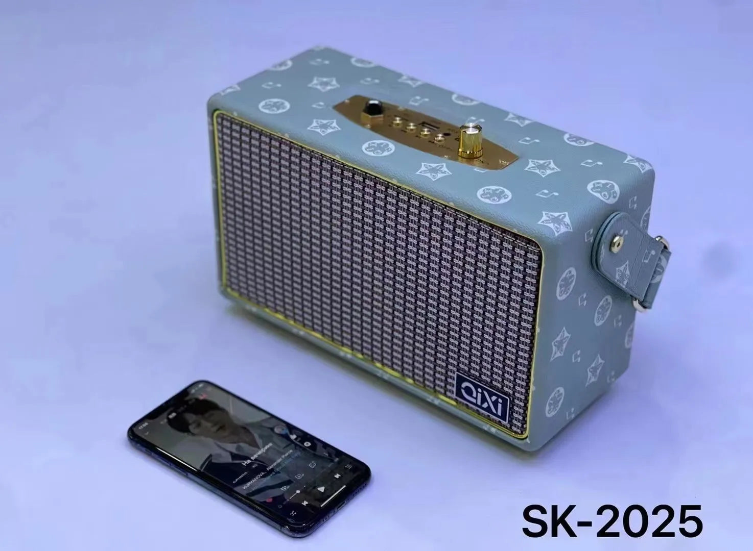 Red leather pattern mini portable Bluetooth speaker card design with dual speakers and microphone option