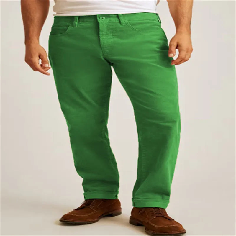 Straight-leg corduroy trousers in solid colour with mid waist and zip fly closure