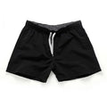 Men's straight leg polyester board shorts on a hanger, available in multiple colours and plus sizes.