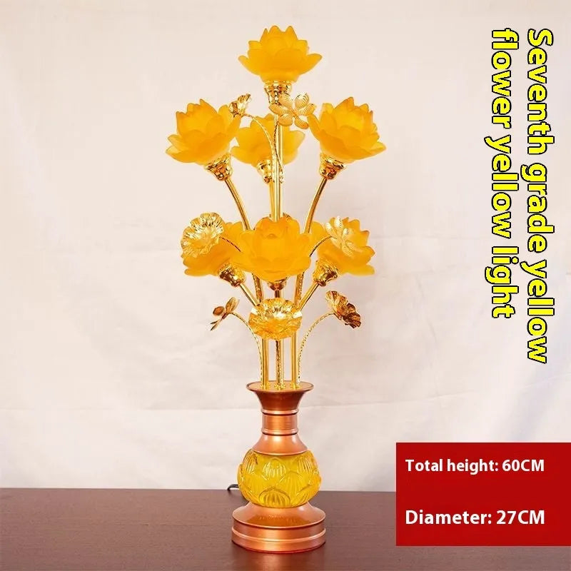 Colored glaze lotus lantern with alloy base, pink floral petals, and LED light for temple worship